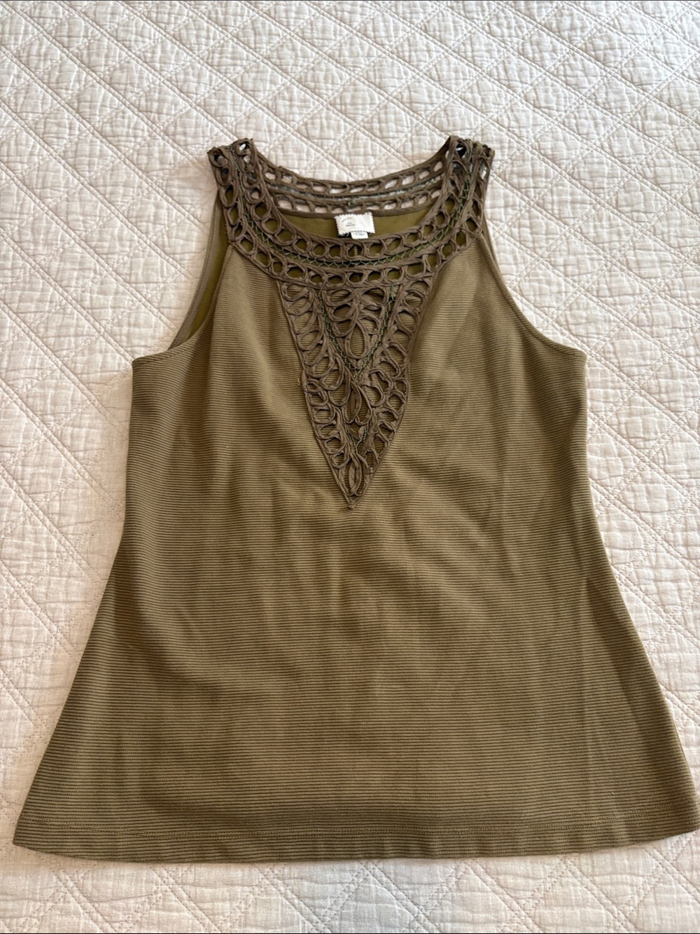 Anthropologie Sleeveless Olive Crochet Yoke Tank Top